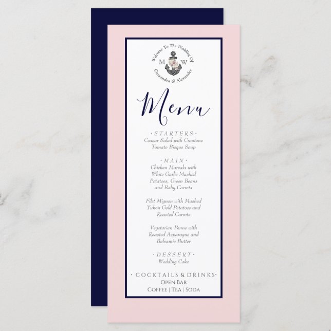 Menu Mariage nautique Ancre florale rose marine gris (Devant / Derrière)