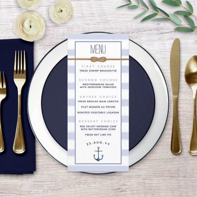 Menu Mariage Nautique Blanc Bleu ♾ Nœud Infini (♾ Infinity Knot Nautical Wedding Menu ⚓ with Light Blue and White Watercolor Stripes)