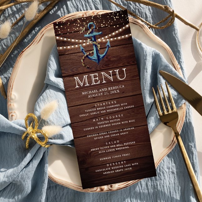 Menu Mariage Nautique en Bois Rustique Bleu Marine (Créateur téléchargé)