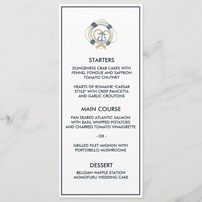 Menu Mariage Nautique, Marine et Blanc (Devant)