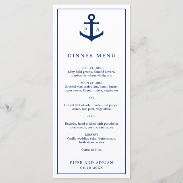 Menu Mariage Nautique Monogramme Bleu Marine Ancre (Devant)