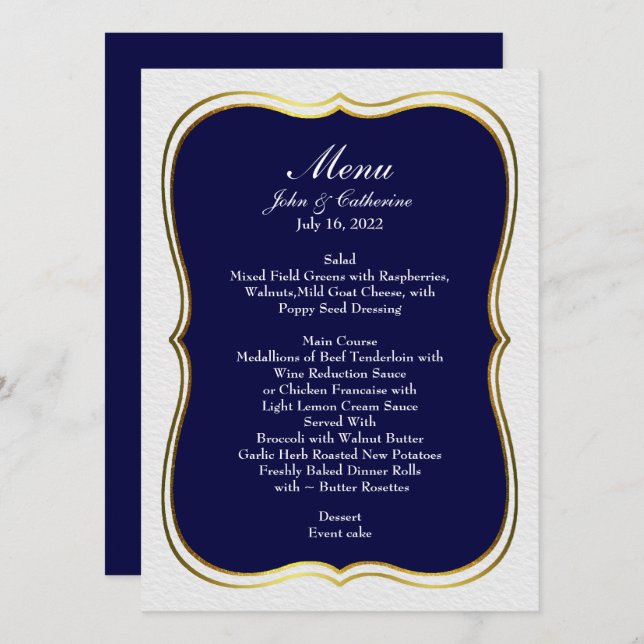 Menu Mariage Navy Blue Simple Elegance (Devant / Derrière)