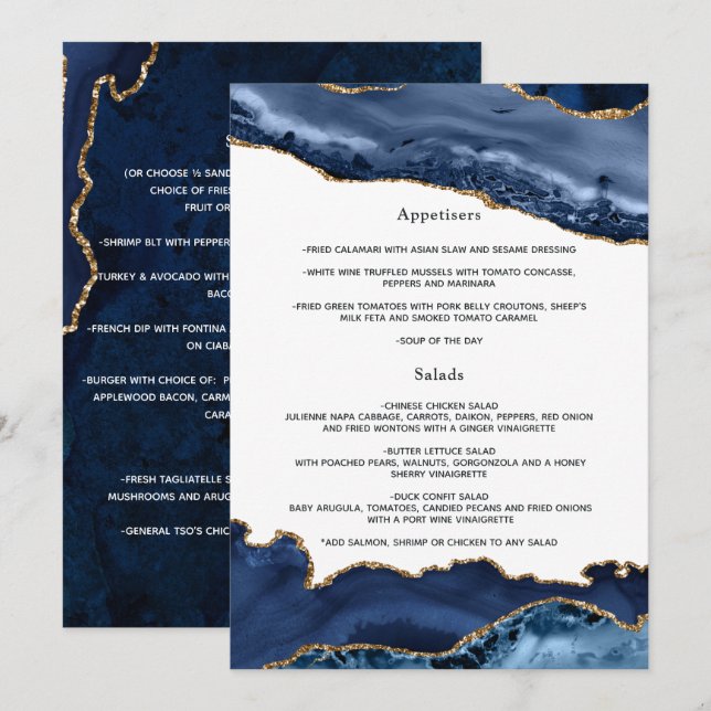 Menu Mariage Navy et Agate Dorée (Devant / Derrière)
