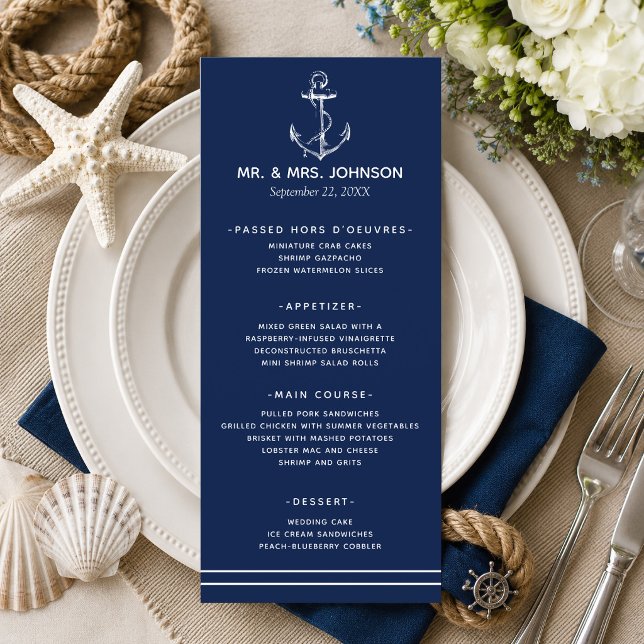 Menu Mariage Navy Nautical Blanc Ancre Côté Mer (A nautical themed menu perfect for beach weddings and weddings by the sea! )