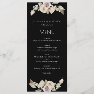 Menu Mariage noir botanique de couleur rose pâle