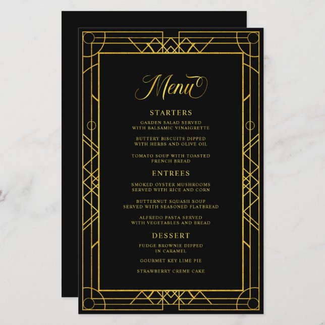 Menu Mariage noir cadre d'or géométrique antique (Devant / Derrière)