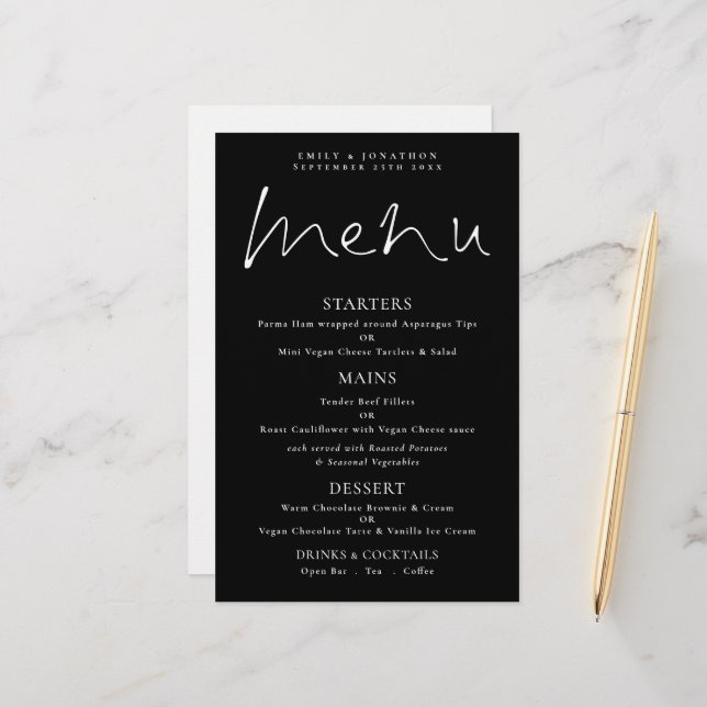 Menu Mariage noir de script blanc à budget élégant (Devant/Arrière en situation)