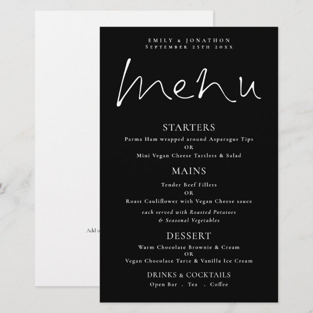 Menu Mariage noir de script blanc à budget élégant (Devant / Derrière)