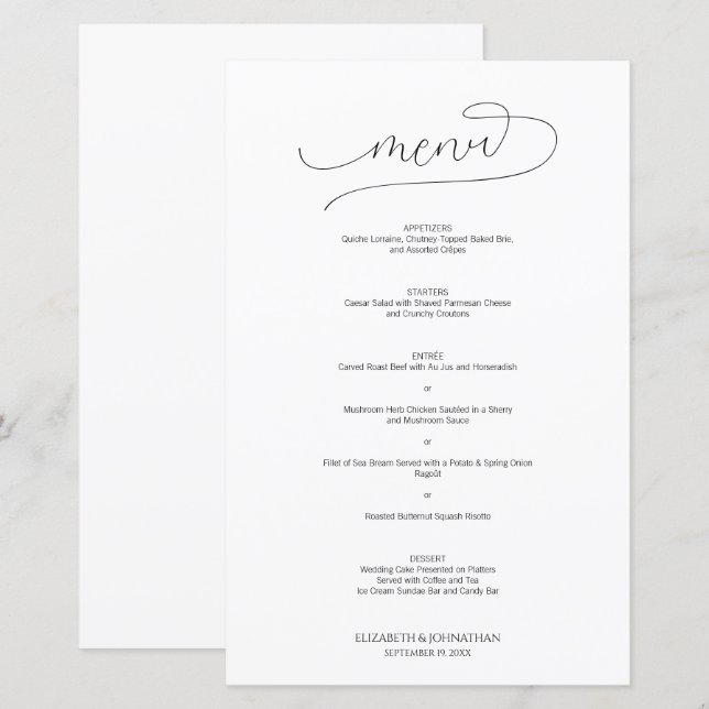 Menu Mariage noir et blanc à script minimal simple (Devant / Derrière)
