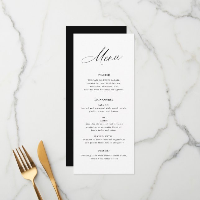 Menu mariage noir et blanc élégant (Devant/Arrière en situation)