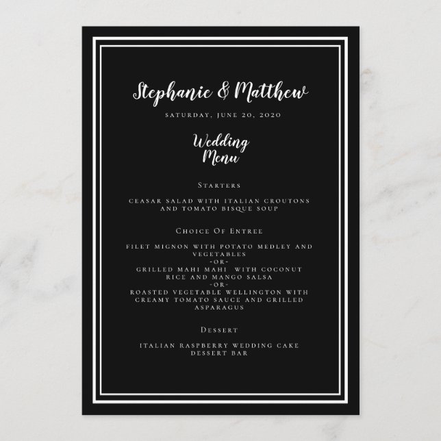 Menu Mariage noir et blanc Simple Cadre Chic (Devant)