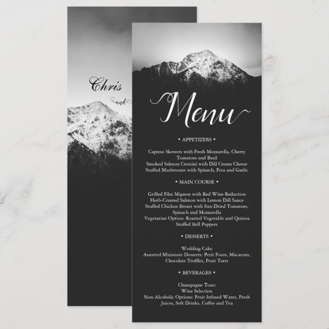 Menu Mariage noir et blanc sous les montagnes (Devant / Derrière)