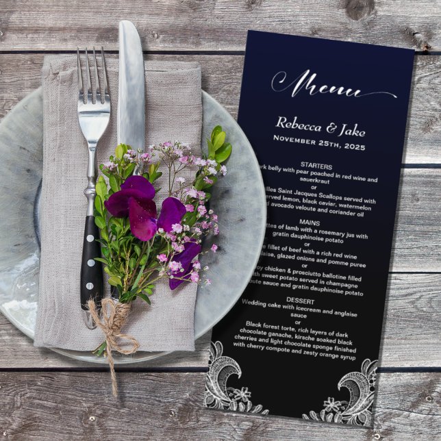 Menu Mariage noir et bleu dentelle blanche (Créateur téléchargé)
