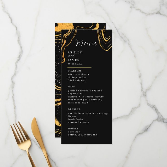 Menu Mariage noir et or (Devant/Arrière en situation)