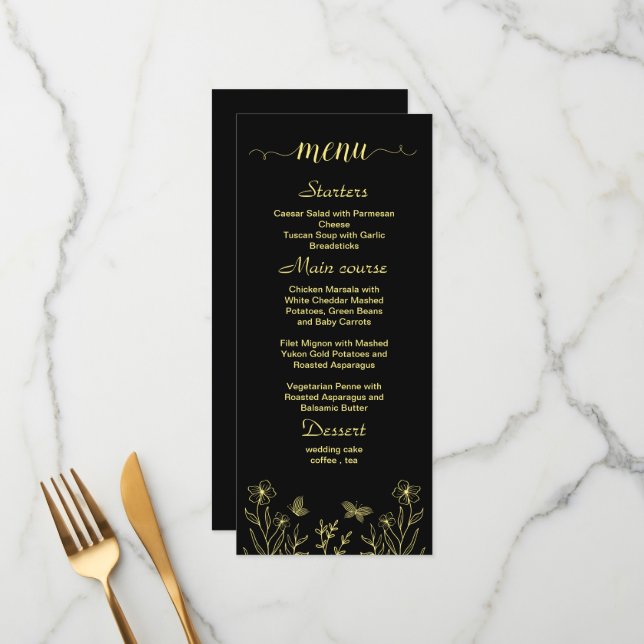 Menu Mariage noir fleur d'or simple (Devant/Arrière en situation)