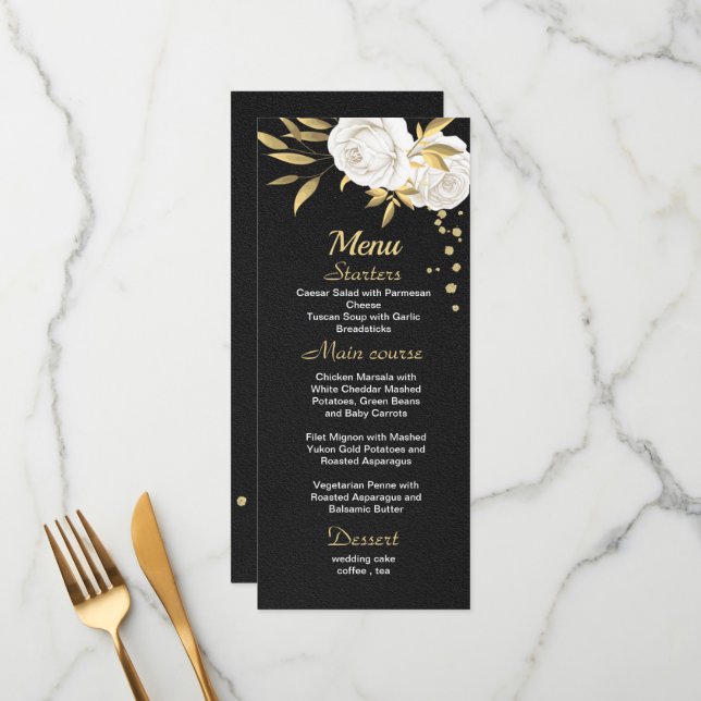 menu mariage noir floral or blanc (Devant/Arrière en situation)