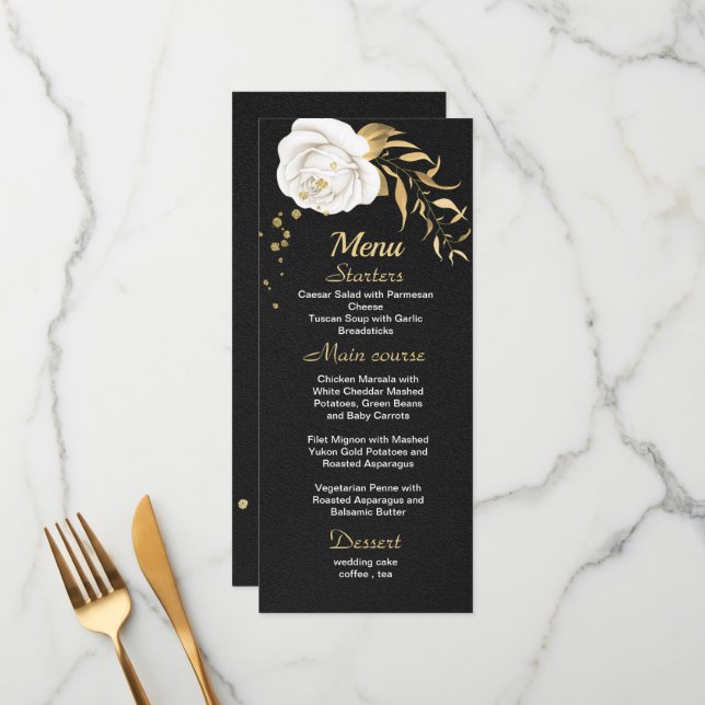 menu mariage noir floral or blanc (Devant/Arrière en situation)