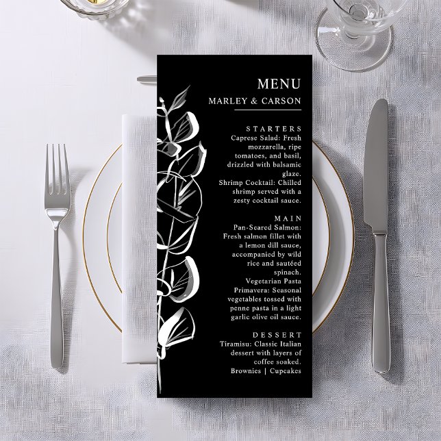 Menu Mariage noir lisse Eucalyptus tiré à la main (Créateur téléchargé)