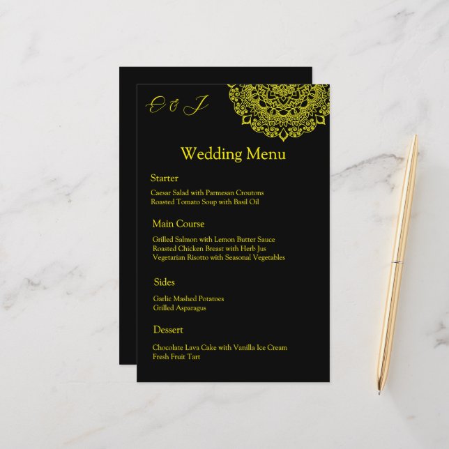 Menu mariage noir mandala or (Devant/Arrière en situation)