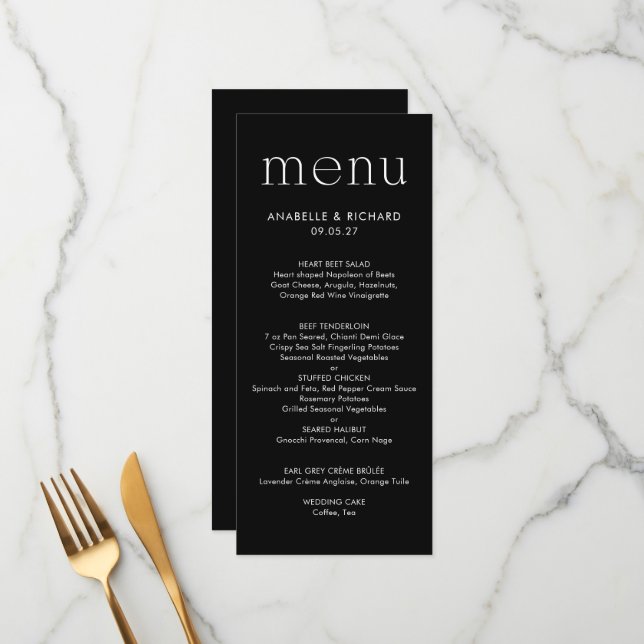 Menu Mariage noir minimaliste moderne (Devant/Arrière en situation)
