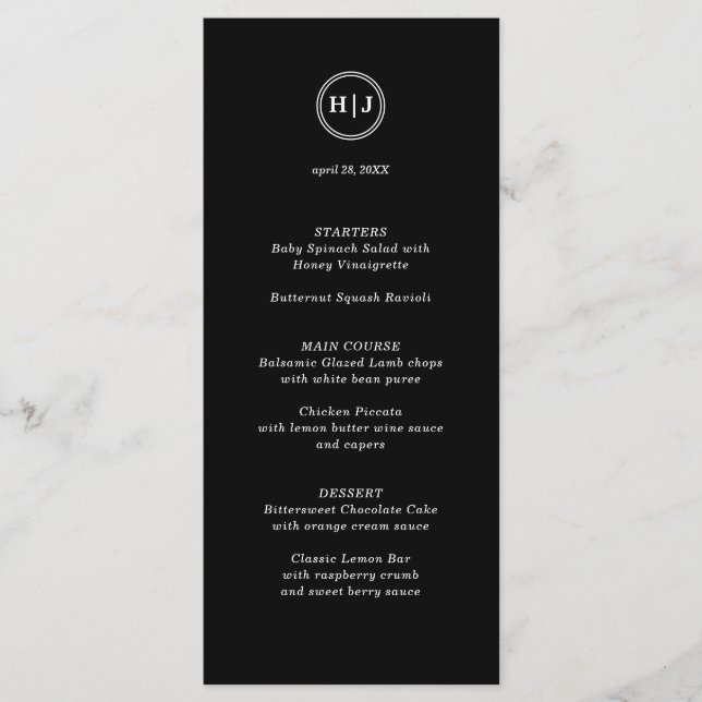 Menu Mariage noir Monogramme moderne (Devant)
