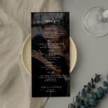 Menu Mariage noir photo simple et élégant<br><div class="desc">Carte de menu du mariage de modèle de texte personnalisé avec superposition de photo noir et blanc minimaliste.</div>
