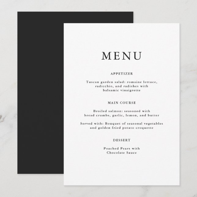 Menu Mariage noir simple (Devant / Derrière)
