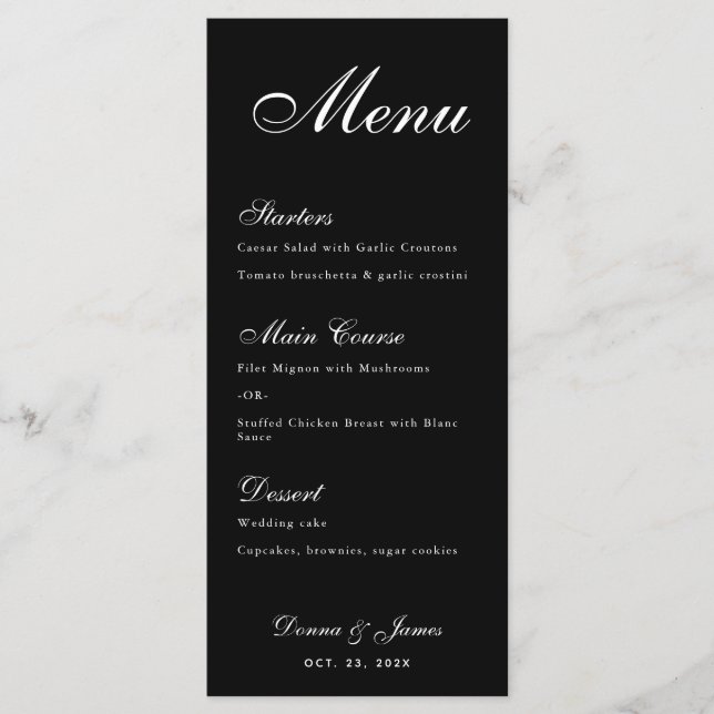 Menu Mariage noir simple écriture calligraphique blanch (Devant)
