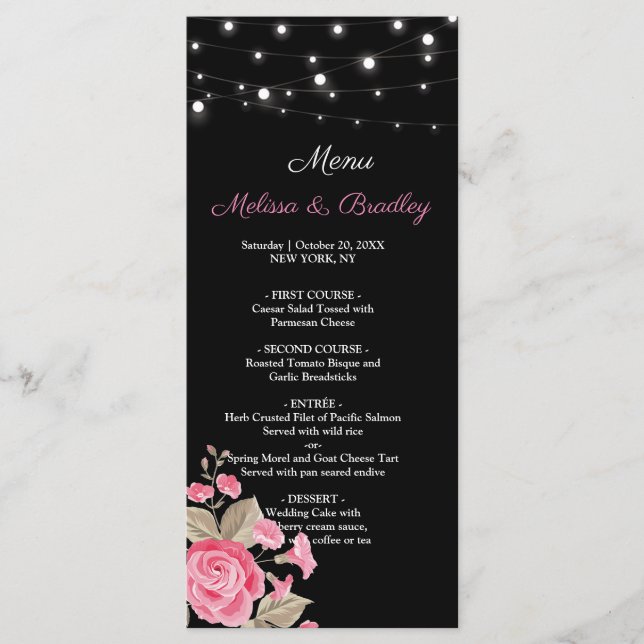 Menu Mariage noir Whimsical String Lights (Devant)