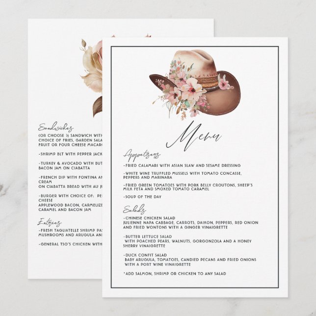 Menu Mariage occidental bohème rustique Fleurs de maria (Devant / Derrière)