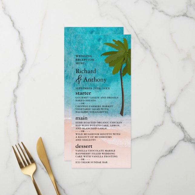 Menu Mariage Ocean Beach Palm Tree (Devant/Arrière en situation)