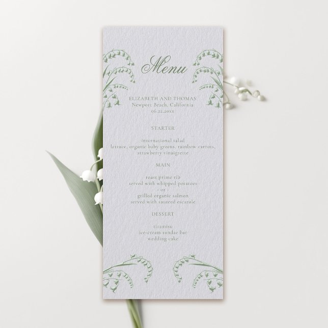 Menu Mariage officiel de Lily Valley Faux inscrit vert (formal wedding menu card classic traditional faux embossed lily of the valley frame ivory green)