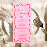 Menu Mariage ondulé à courbe rouge rétro rose<br><div class="desc">Un menu mariage cool gras avec des noms personnalisés avec une calligraphie manuscrite et une police serif, 2 noms, deux styles avec la courbe rouge rétro squiggle mariage ondulé. Tous les textes, noms et couleurs arrière - plans sont personnalisables pour vous permettre de mélanger et de correspondre à votre suite...</div>