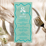 Menu Mariage ondulé rétro turquoise<br><div class="desc">Un menu mariage cool gras avec des noms personnalisés avec une calligraphie manuscrite et une police serif, 2 noms, deux styles avec Retro boho turquoise courbe bleue squiggle mariage ondulé. Tous les textes, noms et couleurs arrière - plans sont personnalisables pour vous permettre de mélanger et de correspondre à votre...</div>