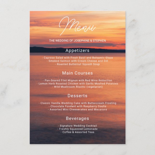Menu Mariage Options de Repas Coucher de Soleil Orange  (Devant)