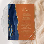 Menu Mariage orange brûlé bleu marine<br><div class="desc">Le bord gauche de cet élégant menu mariage moderne comporte une bordure en aquarelle bleu marine ornée d'une parties scintillant en faux or. Le texte personnalisable combine écriture manuscrite couleur or et polices de cuivre sur un arrière - plan orange brûlé. L'envers est assorti d'un design d'agate bleu marine et...</div>