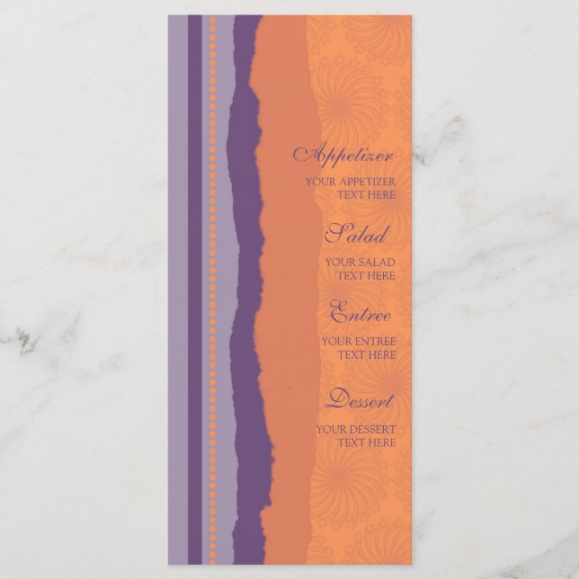 Menu mariage Orange et Purple Spirls (Devant)