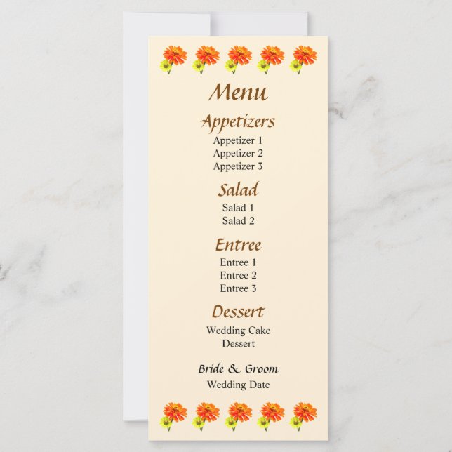 Menu Mariage Orange Zinnia et Yellow Zinnia (Devant)