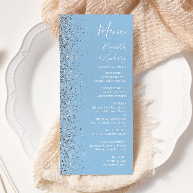 Menu Mariage Pailleté Argent Bleu Pastel Moderne (Créateur téléchargé)