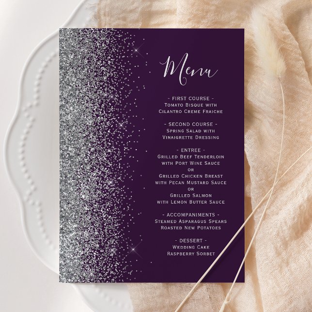 Menu Mariage Pailleté Argent Violet Foncé (Créateur téléchargé)