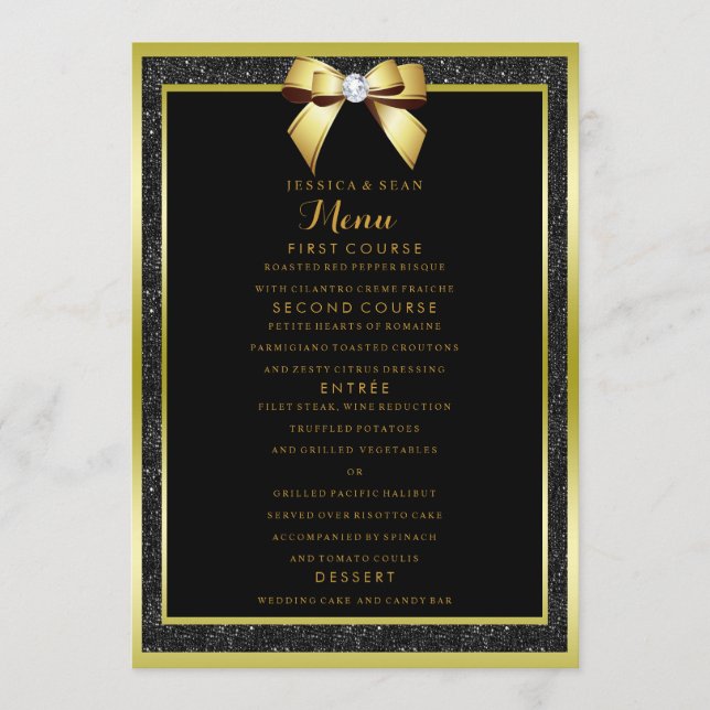 Menu Mariage Pailleté Or Glamour et Ruban Noir (Devant)
