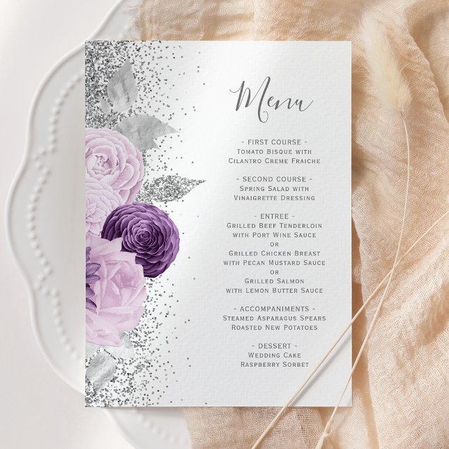 Menu Mariage Paillettes Argent Violet Floral (Créateur téléchargé)