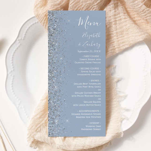 Menu Mariage Paillettes Argentées Bleu Poussiéreux Mode (Créateur téléchargé)