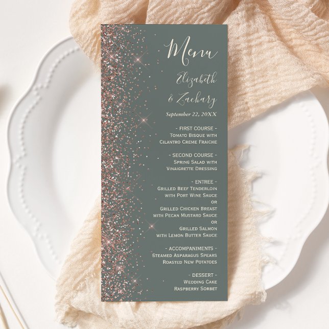 Menu Mariage Paillettes Or Rose Vert Sauge Profond Bord (Créateur téléchargé)