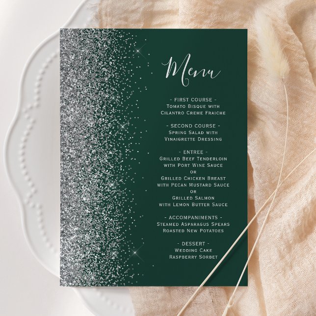 Menu Mariage Paillettes Vert Émeraude Foncé Argent (Créateur téléchargé)