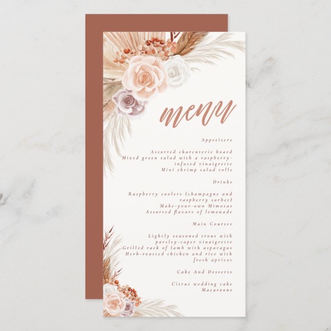 Menu Mariage Pampas Rose Muet Terracotta Boho  (Devant / Derrière)