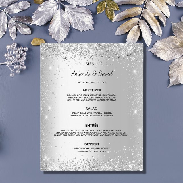 Menu mariage parties scintillant argent scintille  (Créateur téléchargé)