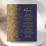 Menu Mariage Parties scintillant  en or bleu foncé<br><div class="desc">Le bord gauche de cet élégant menu mariage moderne présente une bordure de parties scintillant en faux or. Le texte personnalisable combine un script d'écriture fantaisiste couleur or et des polices de caractères sur un arrière - plan bleu foncé. L'envers est assorti d'une parties scintillant bleu foncé et dorée.</div>