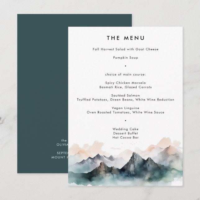 Menu Mariage paysager moderne Watercolor Mountain (Devant / Derrière)