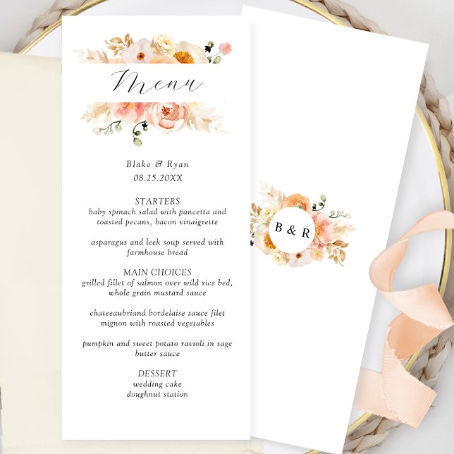 Menu Mariage Pêche, Blush et Champagne avec Monogr (Créateur téléchargé)